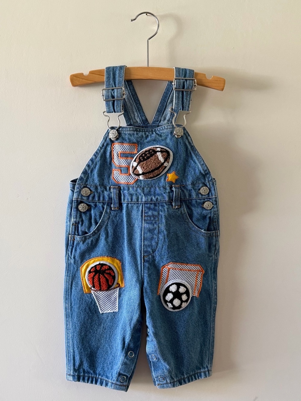 Vintage Baby Denim Sports Patch Overalls 3-6M Football Soccer